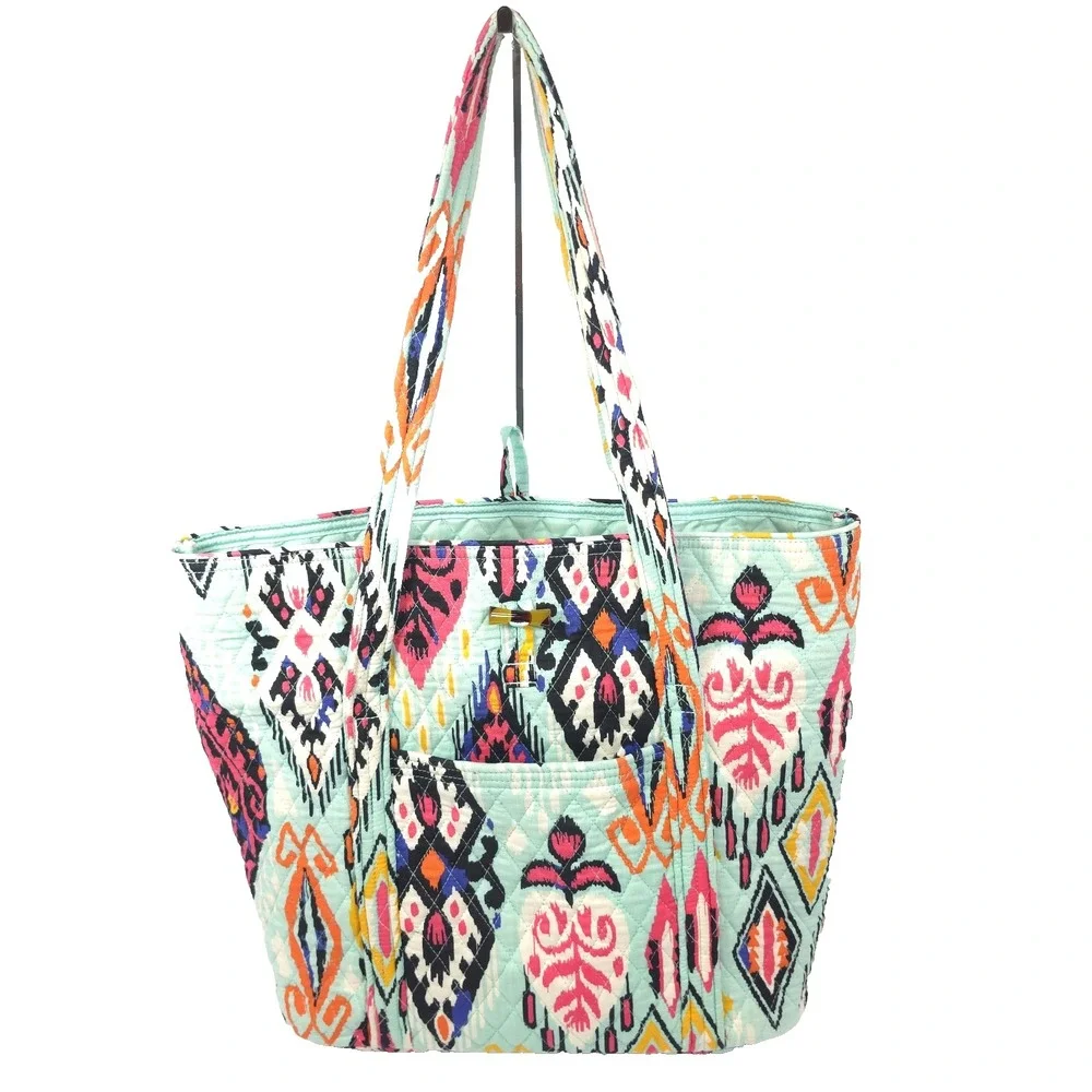 Vera Bradley Pueblo Aztec Ikat Turquoise Quilted Cotton Toggle Villager Tote Bag